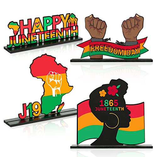 Haooryx Juneteenth Wooden Centerpieces Table Decoration - 4Pcs Happy Juneteenth Day Table Decor Juneteenth Freedom Day Table Topper Sign for Juneteenth Party Home Desktop Wood Craft Center Piece Decor