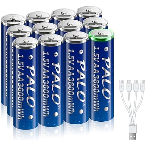 Palowextra 12 Pack Rechargeable AA USB Batteries 1.5V 3600mWh Lithium Double A Cell with 4 in 1 Type C Fast Charging Cable Cover
