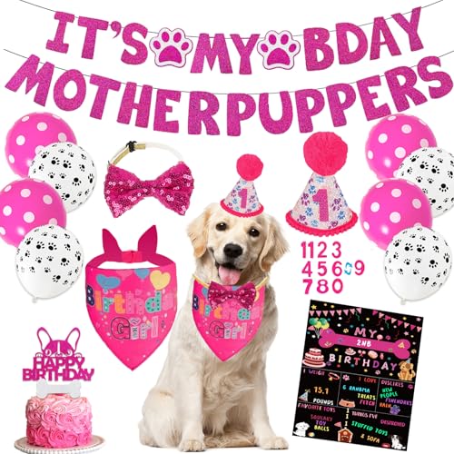 Hot-Pink Dog Birthday Party Supplies Pet Birthday Bandanas Girl Doggy Birthdays Hat Bow Tie Greeting Card Numbers Its My Bday Mother Puppers Sign Banner for Medium Large Pets