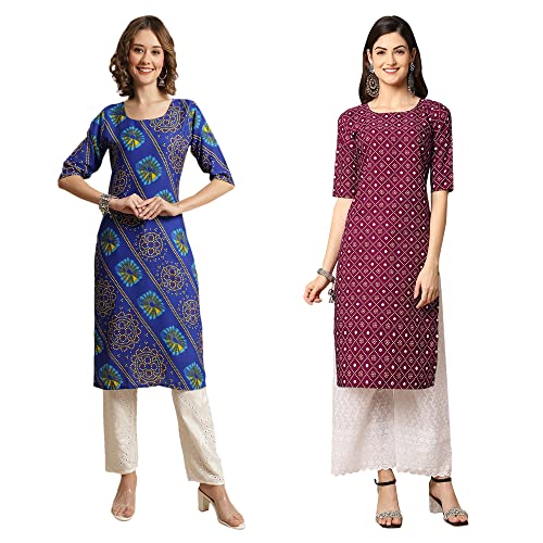 Image of Pinkmint Women's Crepe Digital Print Straight Kurta [Pack of 2]