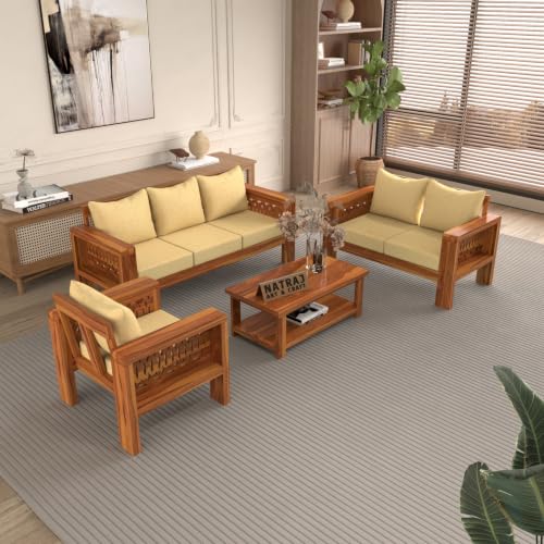 Image of NATRAJ ART & CRAFT Sheesham Wood 6 Seater Sofa Set for Living Room | Wooden Sofa Set for Living Room Furniture (3+2+1 Seater, Honey Finish)