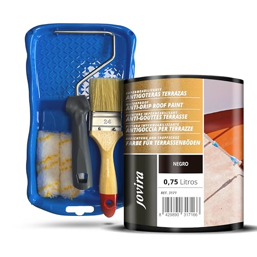 JOVIRA PINTURAS Impermeabilizante Antigoteras, Pintura de terrazasy todo tipo de cubiertas + Minicubeta, 2 Mini Rodillos Antigota, Varilla y Paletina (750 Mililitros, Negro + Minikit)