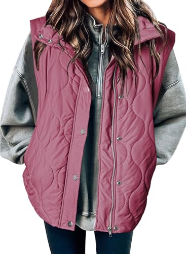 EVALESS Womens Fashion Cropped Puffer Vest Fall 2025 Lightweight Quilted Stand Collar Sleeveless Button Down Jackets Winter Warm Coat Outerwear Gilet with Pockets Pink X-Large