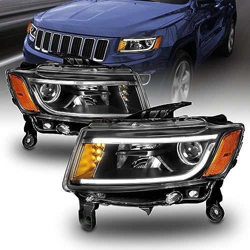 AmeriLite for 2014-2016 Jeep Grand Cherokee SUV Halogen Type LED Bar/Turn Signal Projector Black Replacement Headlights Pair - Passenger and Driver Side