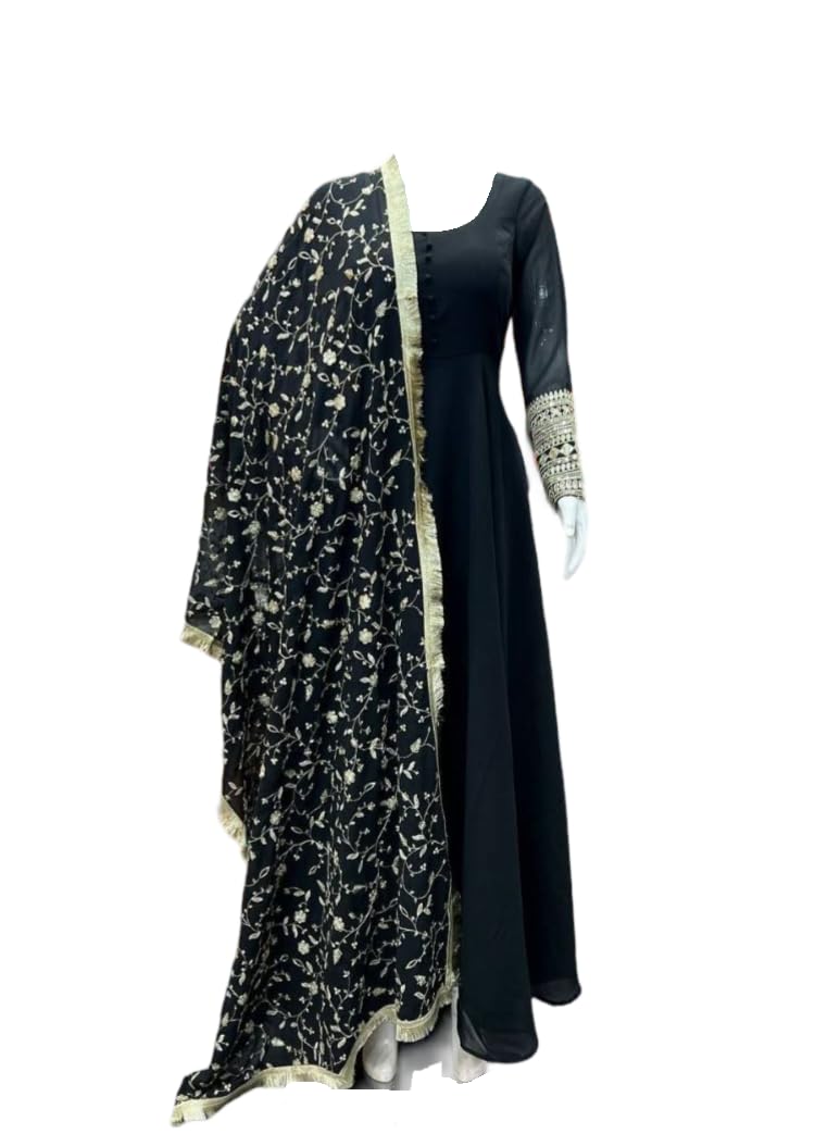 FOXDX Women Wedding Full Length Gown Bottom and Dupatta (X-Large, Black)