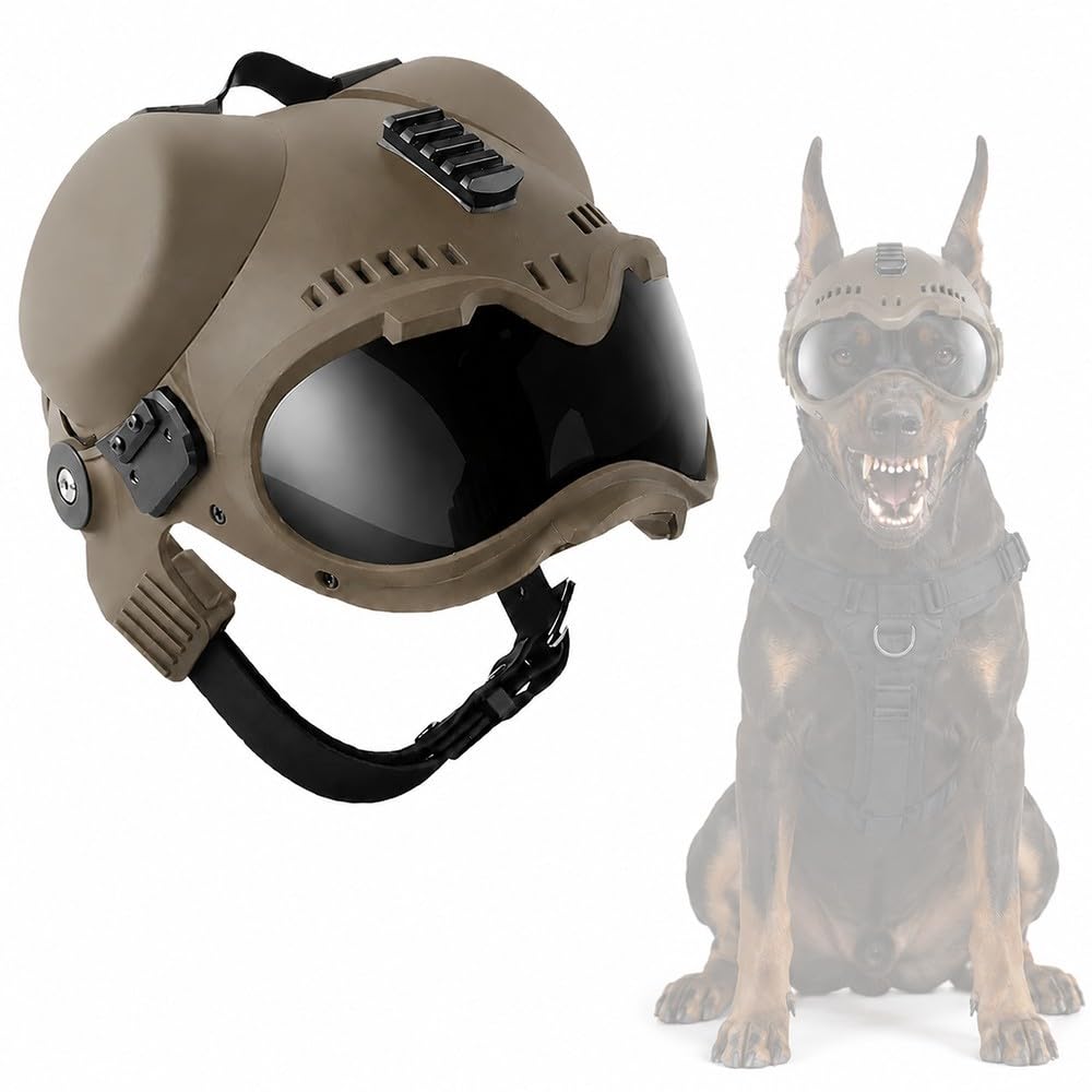 Tactical Dog Helmet With Goggles For German Shepherd, Belgian Malinois & Medium Large Dogs, Adjustable Pet Helmet, Removable Ear Covers, EVA Padding, Top Rail