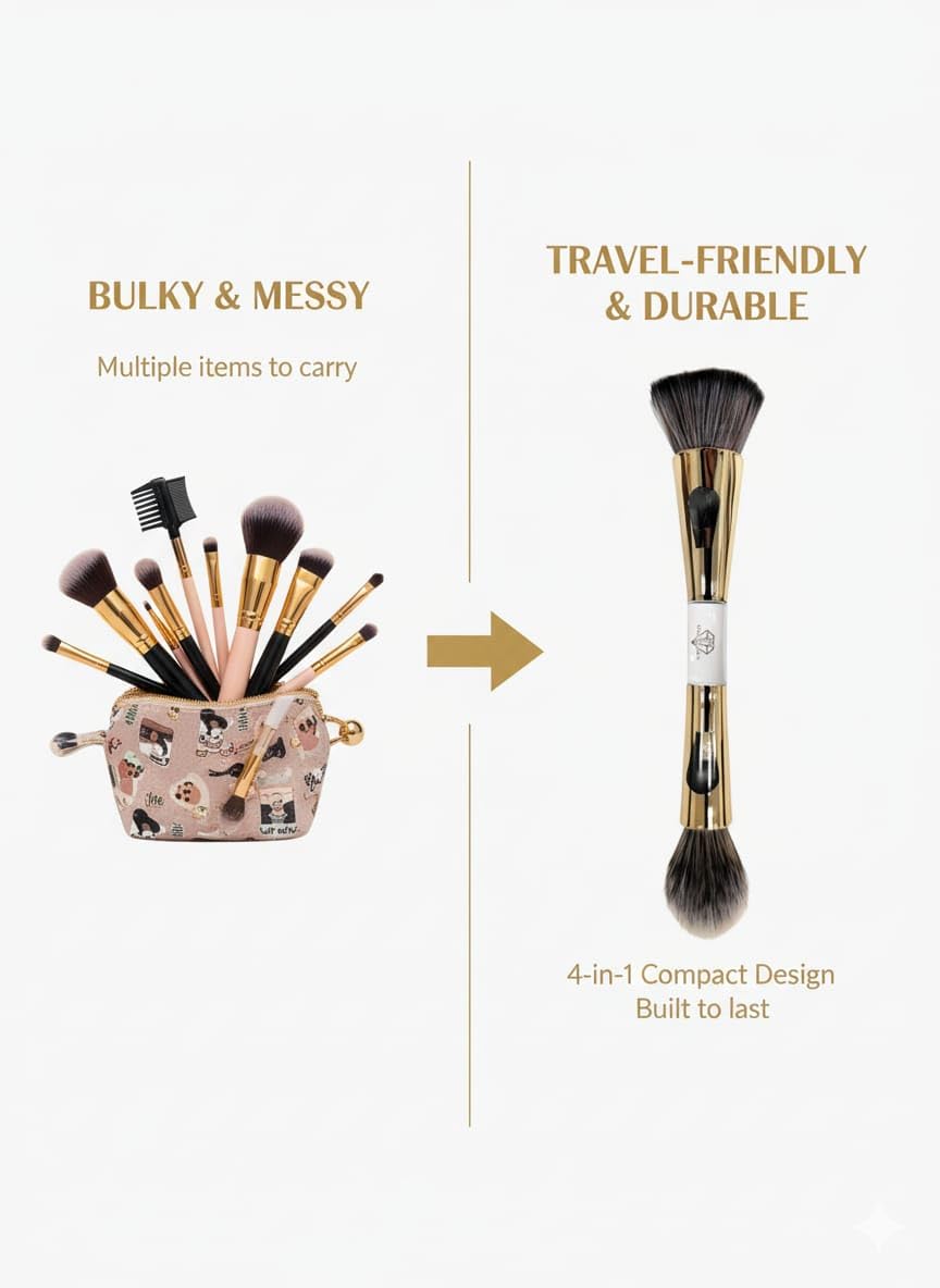 Juego de brochas de maquillaje 4 en 1 portátil y fácil de viajar, para gestionar brochas de maquillaje, brochas de maquillaje en polvo, cepillo de rubor y lujoso diseño dorado