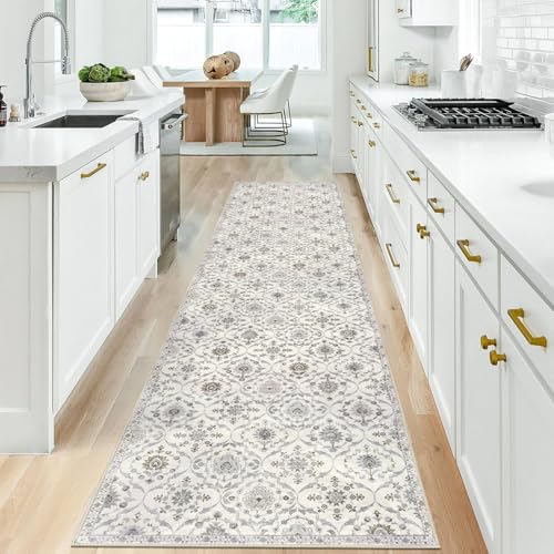 KILOCOCO 2.6x10 Runner Rug, Moroccan Super Soft Washable Hallway Entryway Runner Rug, Accent Print Faux Wool Kitchen Runner 10 Feet Non-Slip Boho Carpet for Laundry Room Bedroom, Cream Beige Grey
