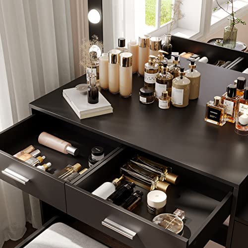 Image of Rovaurx 46.7 inch Makeup Vanity Table with Lighted Mirror, Large Vanity Desk with Storage Shelf & 5 Drawers, Bedroom Dressing Table, 11 LED Lights, Black