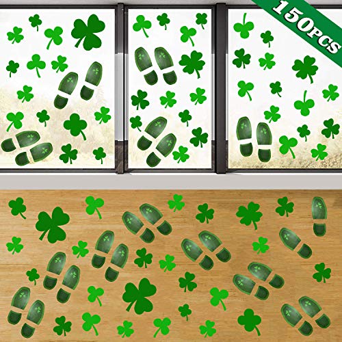 AMENON 150 pegatinas para decoración del día de San Patricio, para ventanas, tréboles, duendes de piso, ventanas, adhesivos, adornos para fiestas, decoración del hogar, oficina, fiestas irlandesas