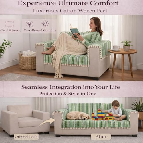 Image of STITCHNEST Woven 3 Seater Sofa Protector with 2 Hand Rest Covers - Green & White Stripe Design - Washable Fabric with Tassels - Stylish Sofa Cover for Modern Living Room & Furniture Decor