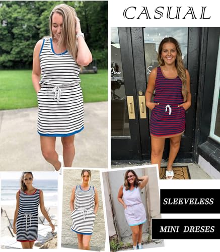 Image of Yousify Womens Summer Sleeveless Striped Dress Drawstring Waist Casual Tank Mini Dresses with Pockets