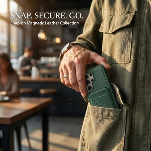 Image of amazon basics Premium Vegan Leather Back Cover with Card Holder and Integrated Mobile Stand for Samsung Galaxy S26 Ultra 5G - Slim Shockproof Wallet Case with Geometric Stitching [Green]
