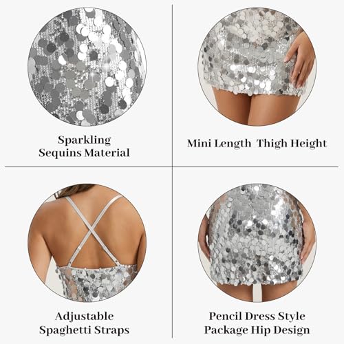 Image of Waist Wow Sequin Dress for Women Spaghetti Strap Sexy Dresses Glitter Sparkly Mini Dress