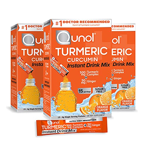 Qunol Turmeric Curcumin, Turmeric Powder, Instant Drink Mix Packets, Orange, Ultra Absorption, 500mg Turmeric +50mg Ginger, Supports Healthy Inflammation Response and Joint Health, Supplement, 3ct