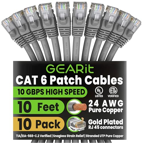 GEARit Cat6 Patch Cables Cat 6 Ethernet Cable 10 ft 10-Pack Gray