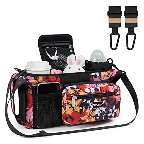 Image of TOPDesign Universal Baby Stroller Organizer, Stroller Caddy with Heightened Insulated Cup Holders & Non-Slip Secure Hooks Accessories, Fits Most Strollers, Machine Washable (Five Petal Flower)