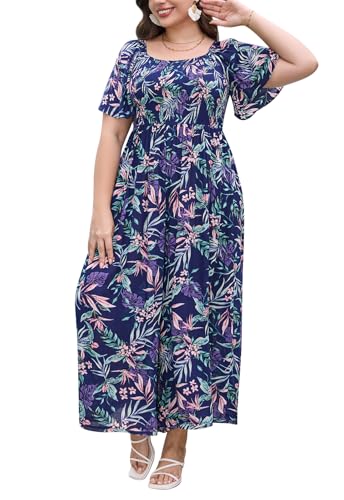Keluummi Plus Size Wedding Guest Jumpsuits for Curvy Women, Summer Casual Floral Empire Waist Wide Leg One Piece Long Rompers(16 Plus, 01 - Navy Blue Floral)