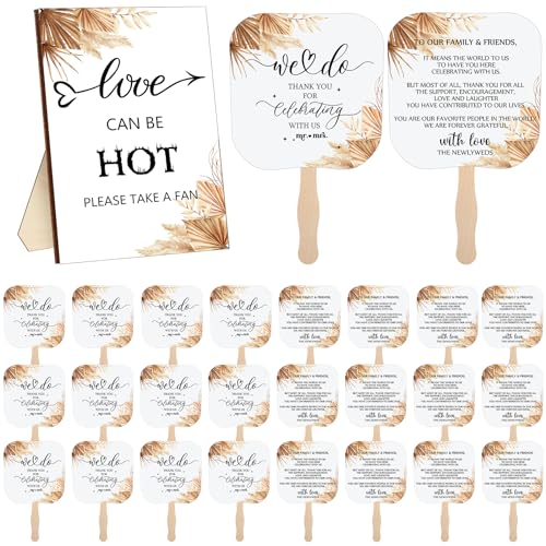 Fumete Wedding Favors for Guests 50 Pcs Wedding Fans and 1 Pc Table Sign Portable Paper Fan with Wooden Handle Hand Fan for Bridal Shower Party Favor Appreciation Gift(Boho)