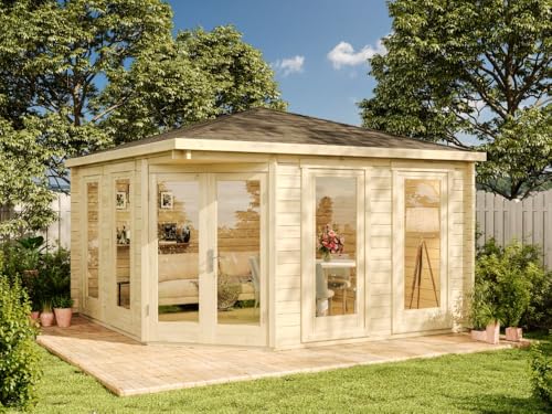 Alpholz 5-Eck Gartenhaus Maja aus Massiv-Holz, Gerätehaus mit 44 mm Wandstärke ohne Imprägnierung, Garten Holzhaus inklusive Montagematerial, Geräteschuppen Größe: 400 x 400 cm, Spitzdach