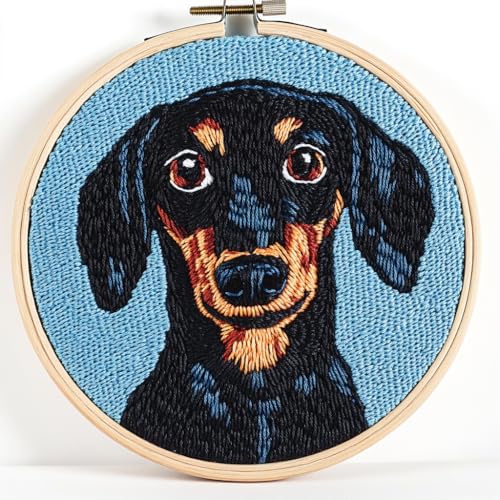 Punch Needle Kits Cute Black Dachshund Dog Easy for Beginners DIY Punch Needle Yarn Starter Embroidery Set for Craft Lovers with Printed Pattern and Hoop for Home Decor 20x20cm(6)