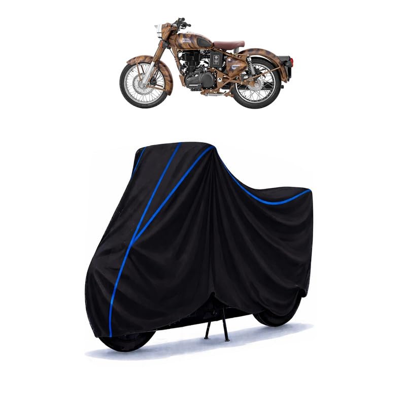 Image of Classic 500 Despatch Bike Cover Water Resistant Universal Motorcycle Rain | Heavy Duty UV Protection, Dust, Scratch Indoor Outdoor All Weather with Black Blue Piping Elastic