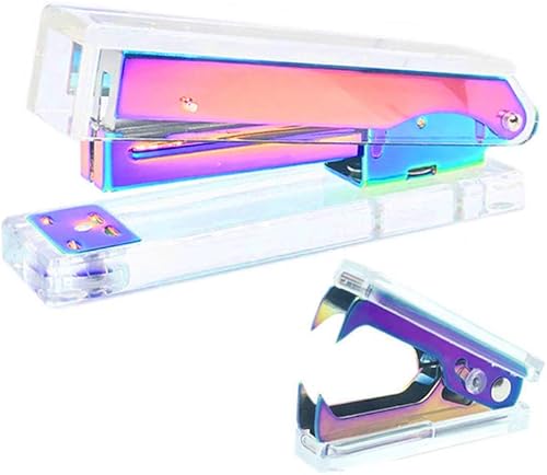 Juego de engrapadoras de oficina, acrílico transparente metálico en tono arco iris, grapadoras manuales ejecutivas y herramienta para quitar grapas