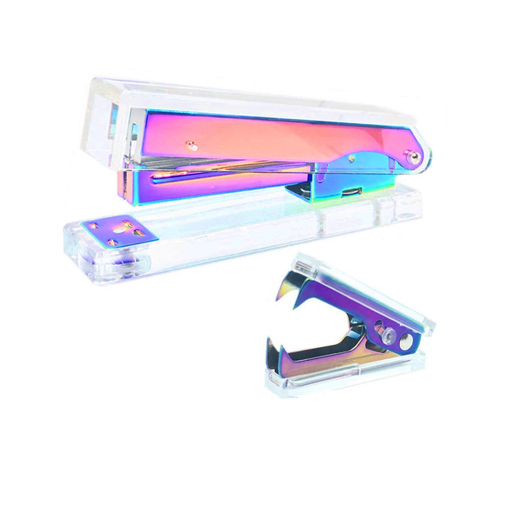 MEI YI TIANOffice Stapler Staples Remover Set, Clear Acrylic Metallic Rainbow Tone Desk Executive Manual Staplers and Staple Remover Tool for Desktop Accessories Supplies (Clear & Rainbow)
