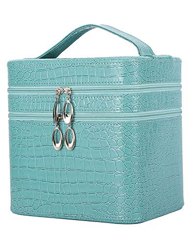 Preisvergleich Produktbild PU-Leder Kosmetikkoffer Makeup Box Doppelschicht Aufbewahrungsbox Kosmetikkoffer Tragbar Multifunktionale Kosmetiktasche mit Großer Kapazität Beauty-Nagel-Schmuck-Aufbewahrungsbox mit Spiegel,Blau