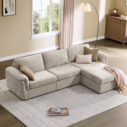 Image of CHITA Extra Large Sectional Couches for Living Room, Cloud Modular Sectional Sofa with Chaise, Ottoman with Storage, 3 Seater L Shaped Couch, Chenille in Taupe