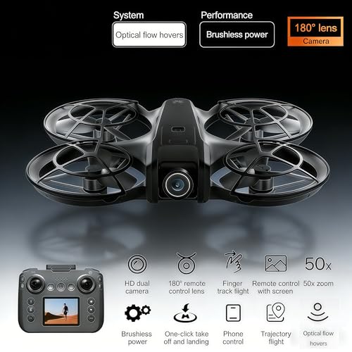 Image of RC Drone with Screen Display Remote Control, Propeller Guard, HD Dual Camera, Speed Adjustment, Altitude Hold, One-Key Takeoff, 3D Flips, 2 Batteries, Helicopter Airplane, Hovering, Brushless Motor, APP Control, LED Lights, for Adult Beginners FPV Quadcopter Plane Copter (Dark Black)