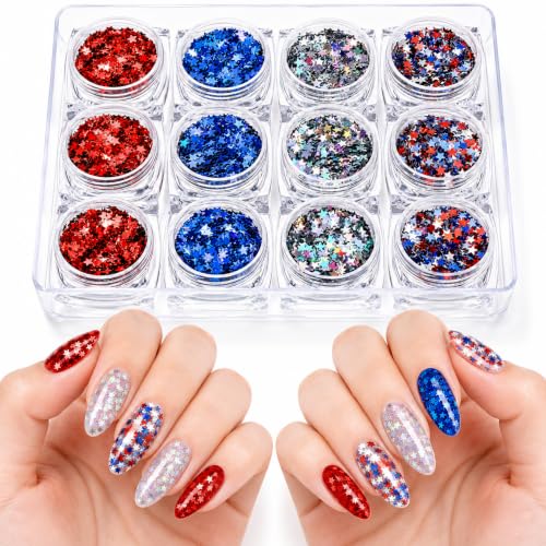 12 Boxes 4th of July Nail Art Star Glitter Nail Decals Labor Day Patriotic Red Blue White Sequins Art Confetti Star Shaped Manicure Decorations for Eye Face Body Decorations DIY Crafts