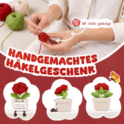 Giftasy Ich Liebe Dich Geschenke Für Frauen - Handgemachte Gehäkelte Rote Rose Mit Energiekarte, Geschenke zum Jahrestag, Hochzeitstag, Valentinstag Für Partner, Sie, Freundin, Freund
