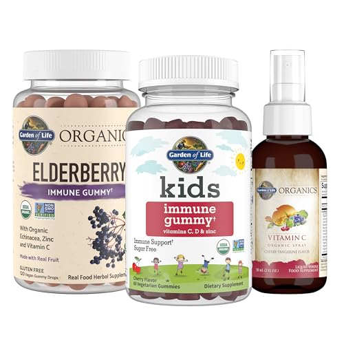 Garden of Life Immune Support Bundle: Organics Elderberry Gummies with Echinacea, Zinc 120 Count + Kids Immune Gummy 60ct - Cherry + Organics Vitamin C Spray 2 Fl Oz - Orange Tangerine