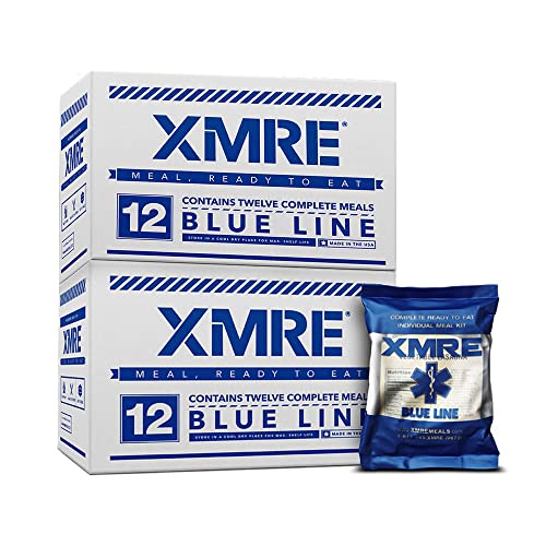 XMRE Blue Line Meals Ready to Eat | Military Grade MREs Survival Food | 24 Survival Food Kits | Emergency Preparedness Items | Emergency Food Supplies | 24 Meals with 6 Menu Options | USA Made