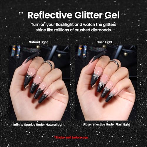 Image of Beetles Reflective Glitter Gel Polish, 2 Pcs Liner Gel Nail Polish Set Black Silver Nail Art Glitter Soak off Uv Lamp Manicure Diamond Shinning Liner Nails Art Design Gifts for Women