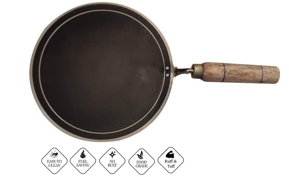 LooksGood 100% Iron Roti tawa with Wooden Handle Combo (Pack of 2), 2 mm Thick Tawa, 24.5 cm Diameter (Iron)