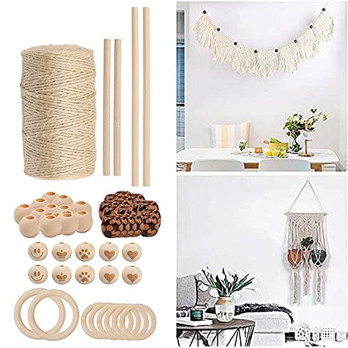Kit macramé NK803 hilo algodón 3mm con perlas y anillos de madera para joyería artesanal 3