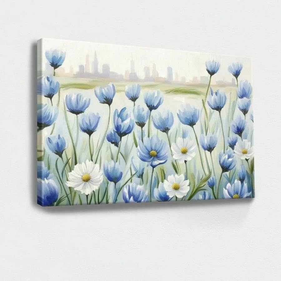Tableau fleurs bleues et blanches pour salon et chambre 30x40 cm