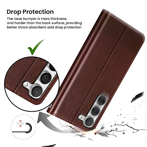 Image of FLIPPED Vegan Leather Flip Case Back Cover for Samsung Galaxy S23 5G (Flexible, Shock Proof | Hand Stitched Leather Finish | Card Pockets Wallet & Stand | Tan with Brown)