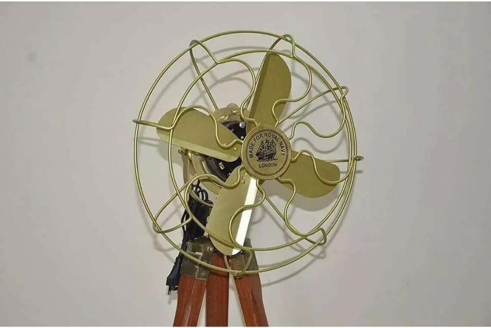 Vintage Nautical Floor Standing Fan, Antique Style Tripod Base, Brass Metal Head with Wooden Legs, Decorative for Home, Office