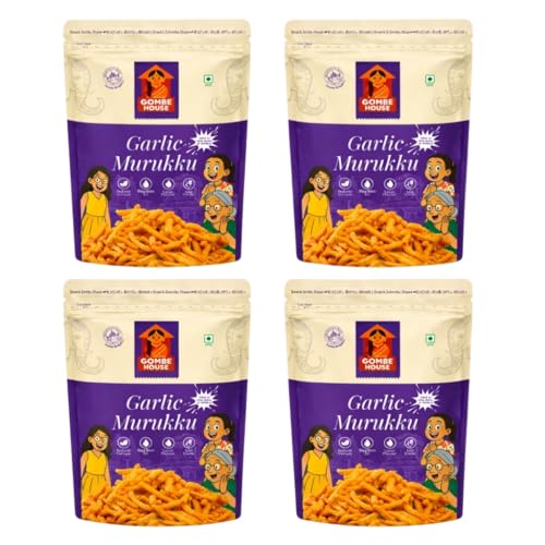 Image of Gombe House Garlic Murukku 120g Each (Pack of 4, 480g Total) Crispy Crunchy South Indian Chakli Garlic Flavour Tea Time Snack Vegan No Palm Oil Traditional Homemade Taste