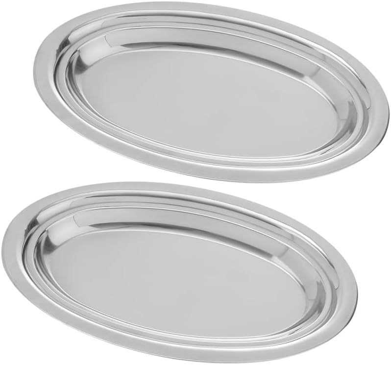 Amosfun 2pcs Stainless Steel Oval Serving Plates 9.84 X 6.22 X 0.78 Inch