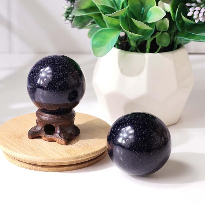 Image of Blue Goldstone Crystal Ball 100-150 Gm with Wooden Stand | Polished Healing Crystal Sphere for Reiki, Meditation, Feng Shui, Vastu Decor & Crystal Collection