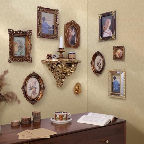 10 Pack Vintage Wall Decor, 5x7 Gold Picture Frames Antique Resin Gallery Wall Frame Set with Wall Shelf & Sculptures, Collage Photo Frames for Wall/Tabletop Display, Ornate Home Decor