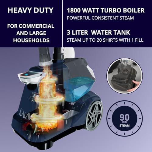 SALAV® Heavy Duty Smart Auto Shut-off Commercial Full-Size Garment Steamer, Beeping Alert when Water Runs out, Foot Pedal Control, XL 3L (101.5 oz) Tank, 1800 watts, 90+min of Continuous Steam, Navy