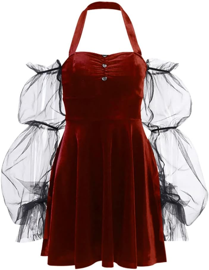 TSMNZMU Womens Gothic Velvet Mini Dresses - Off The Shoulder Patchwork Lace Long Sleeve Dress - Emo & Alt Style - Image 2