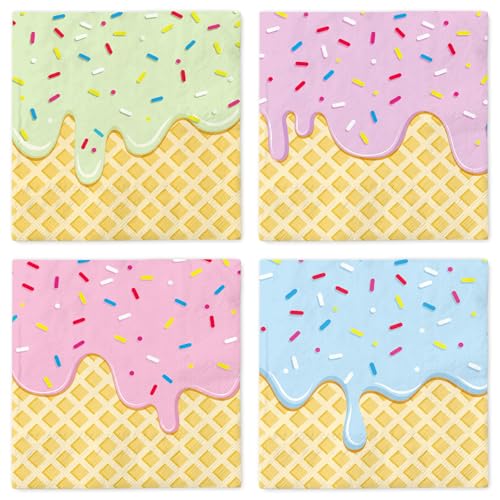 JarThenaAMCS 100 Pcs Ice Cream Paper Napkins Luncheon Napkins Green Purple Pink Blue Sprinkle Disposable Dessert Dinner Hand Towel for Summer Baby Shower Birthday Party Supplies