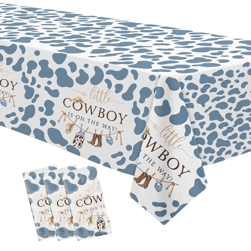 Image of Western Cowboy Baby Shower Tablecloth Decorations - Disposable Little Cowboy Baby Boy Table Decorations Tablecover, Wild West Rodeo Baby Shower Supplies Table Cloth - 3 Pack (54in x 108in)