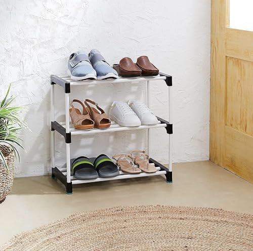Image of Shoe Rack with Shelf | Foldable Plastic Shoe Rack with Shelves for Bedroom, Entryway & Living Room | Multipurpose Footwear Stand for Home (3 Layer) Storage Organizer Cabinet 3-Tier